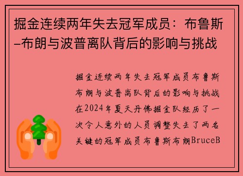 掘金连续两年失去冠军成员：布鲁斯-布朗与波普离队背后的影响与挑战