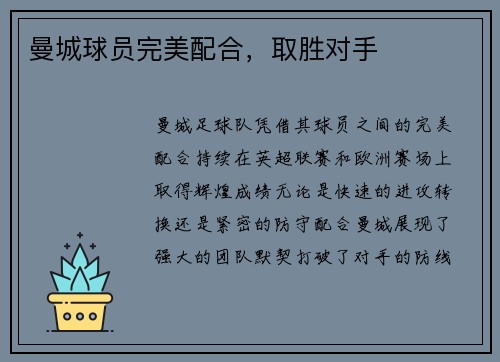 曼城球员完美配合，取胜对手