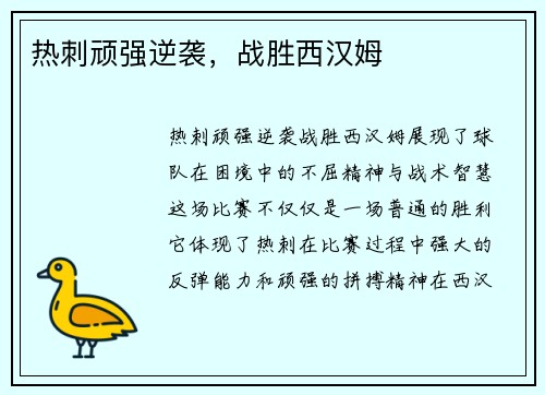 热刺顽强逆袭，战胜西汉姆