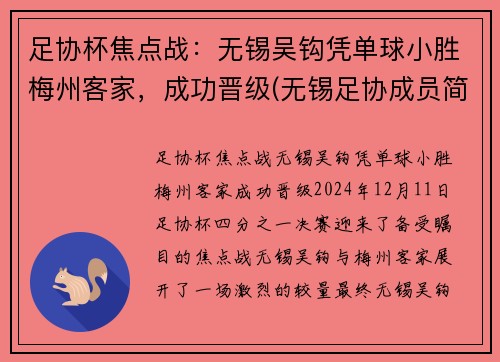 足协杯焦点战：无锡吴钩凭单球小胜梅州客家，成功晋级(无锡足协成员简介)