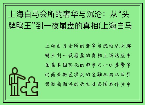 上海白马会所的奢华与沉沦：从“头牌鸭王”到一夜崩盘的真相(上海白马会所事件)